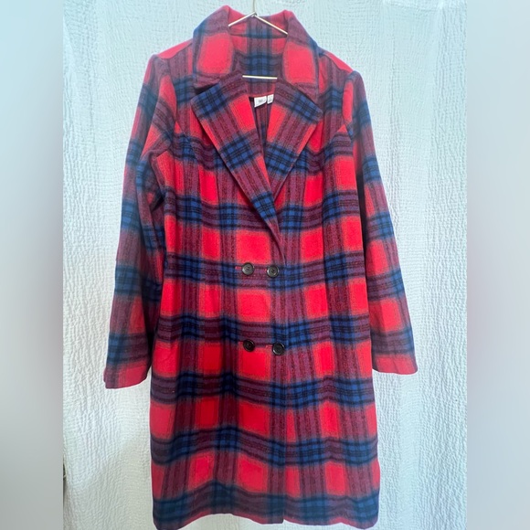 bp Jackets & Blazers - BP Red and Blue Plaid Double-Breasted Pea Coat